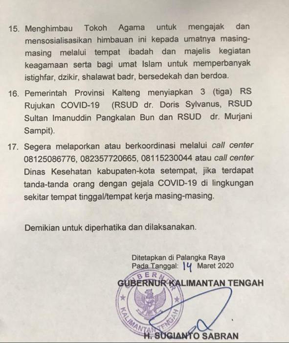 Antisipasi Penyebaran COVID-19, Gubernur Kalteng Keluarkan Maklumat