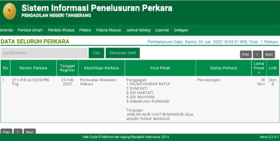 Pendiri Ponpes Darul Quran, Ustaz Yusuf Mansur Digugat secara Perdata di PN Tangerang