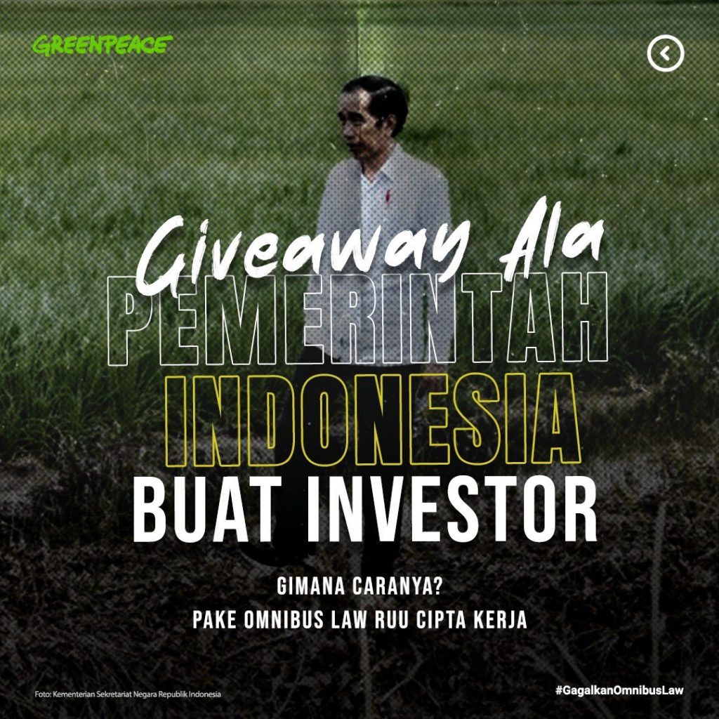 Sindir Rezim Jokowi dan DPR RI, Green Peace Sebut Omnibus Law Give Away untuk Para Investor