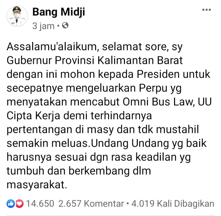 Gubernur Kalimantan Barat Minta Presiden Terbitkan Perpu Cabut Omnibus Law