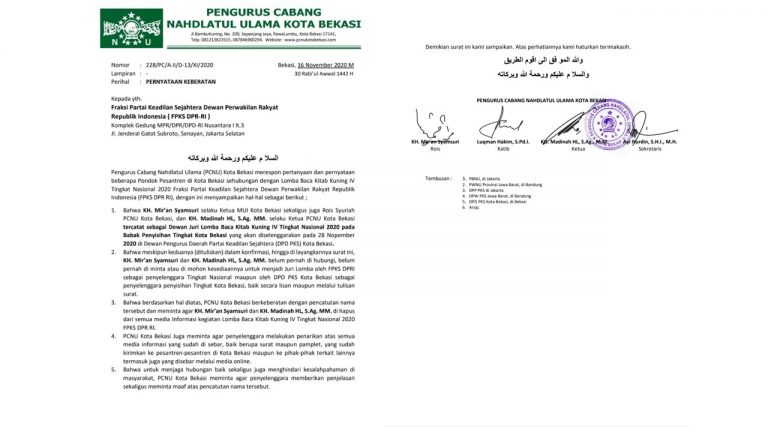 PKS Catut Kiai NU jadi Juri Lomba Baca Kitab, PCNU Bekasi Layangkan Surat Keberatan