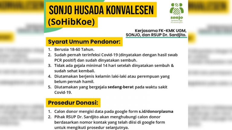 Kerjasama FK UGM, Sonjo Galang Donor Plasma Penyintas COVID-19