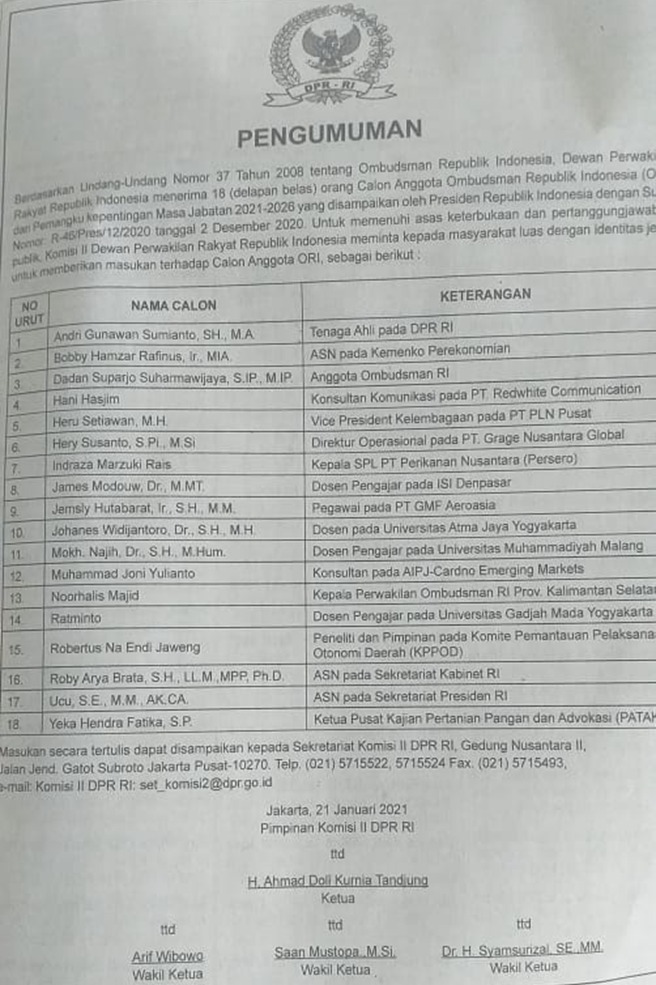 DPR Gelar Uji Publik 18 Calon Anggota Ombudsman RI