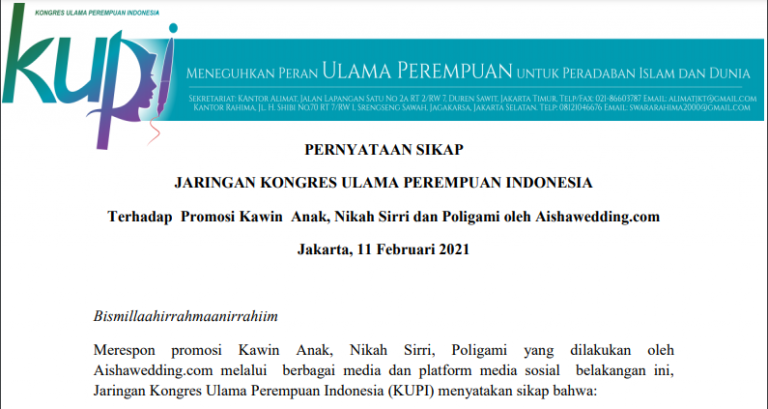 Ulama Perempuan Indonesia Kritisi Promosi Pernikahan Anak Aisha Wedding