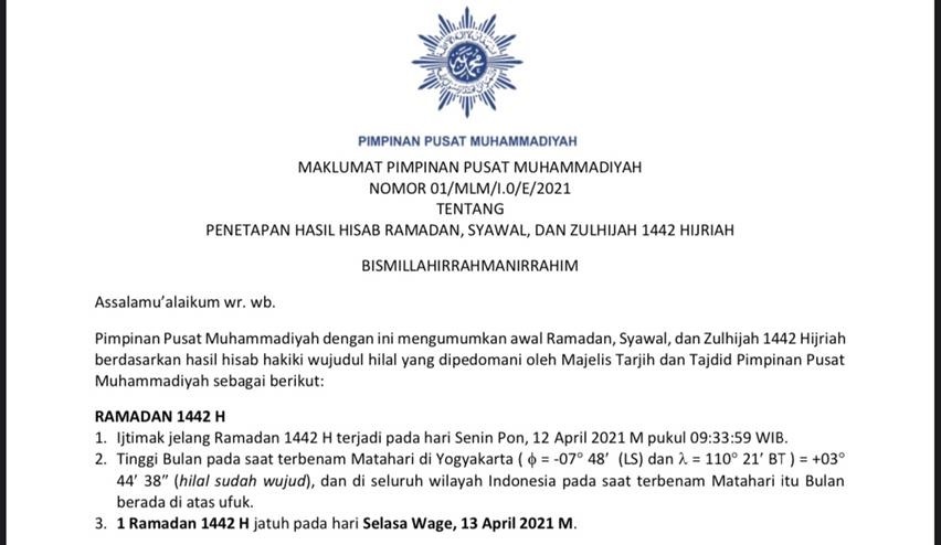Muhammadiyah Tetapkan 1 Ramadan Jatuh pada Selasa 13 April 2021