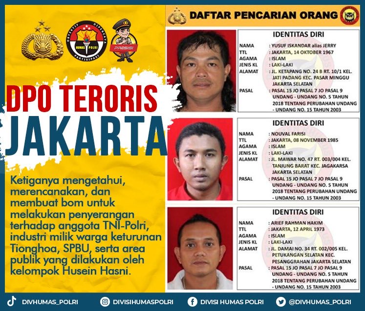 Polisi Rilis Tiga DPO Teroris Jakarta