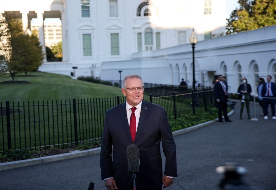 Perdana Menteri Australia Scott Morrison berbicara dengan media setelah sehari pertemuan dengan rekan-rekan asing di Gedung Putih di Washington, AS, 24 September 2021. Foto: Reuters.