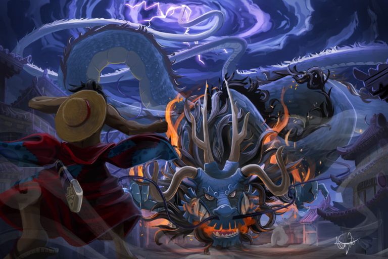 Luffy vs Kaido (sumber: assets.pikiran-rakyat)