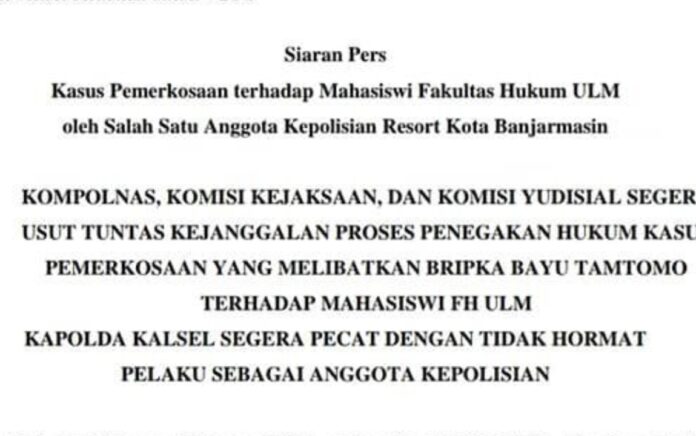 Universitas Lambung Mangkurat Kecewa, Bripka Bayu Pemerkosa Mahasiswi Divonis Ringan