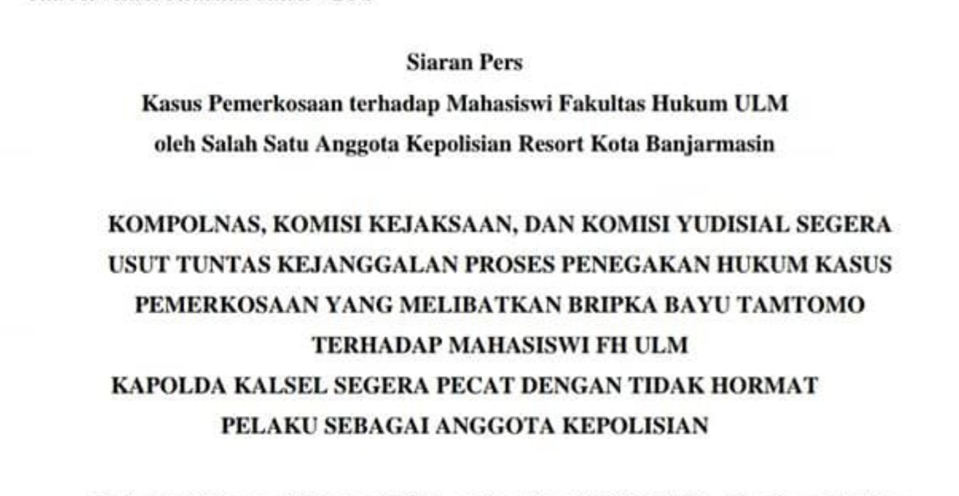 Universitas Lambung Mangkurat Kecewa, Bripka Bayu Pemerkosa Mahasiswi Divonis Ringan