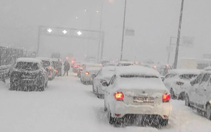 Mobil-mobil tertutup salju pada Senin, 24 Januari 2022. Foto: Reuters.