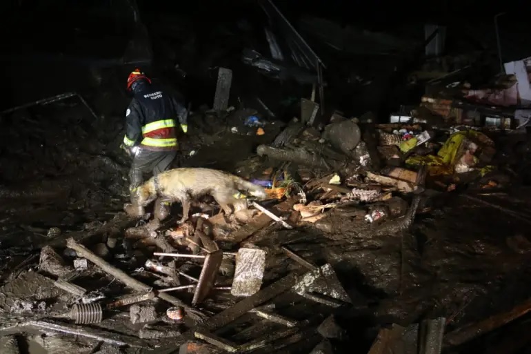 Orang-orang membersihkan puing-puing selama pencarian korban setelah tanah longsor yang disebabkan oleh hujan lebat di Quito pada Senin, 31 Januari 2022. Foto: API/AFP.