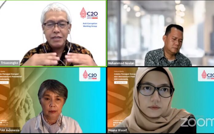 Diskusi 'Indeks Persepsi Korupsi dan Momentum Presidensi G20 Indonesia', yang diselenggarakan Anti-Corruption Working Group (ACWG) Civil-20 (C-20) dan ditayangkan melalui Channel YouTube Publish What You Pay (PWYP) Indonesia, pada Jumat (18/2).