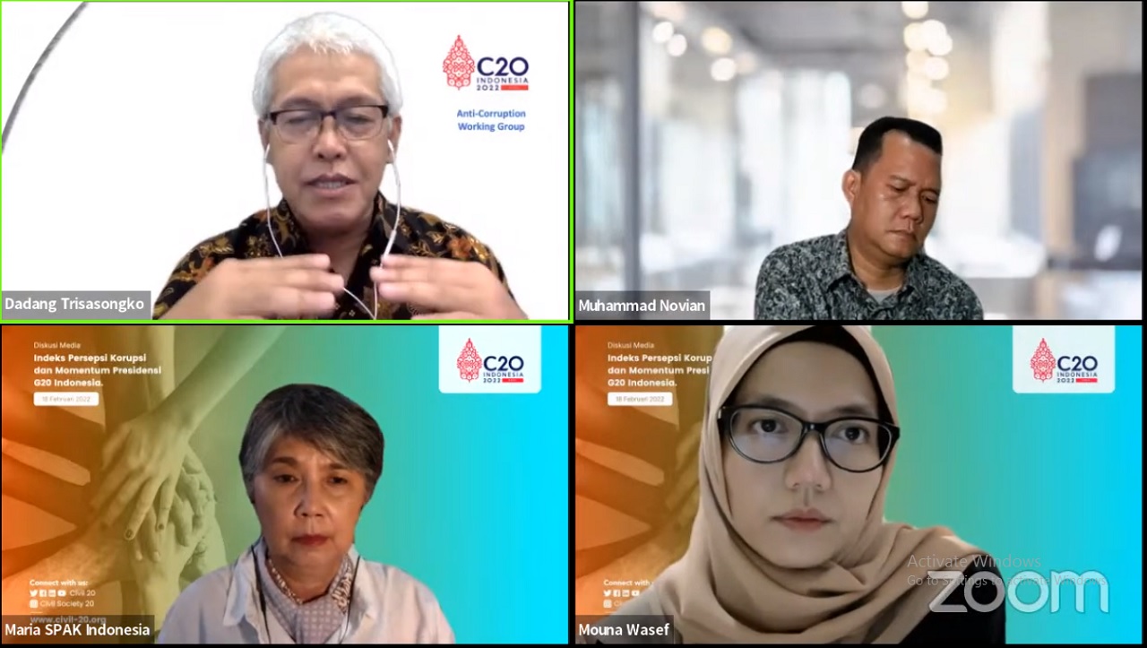 Diskusi 'Indeks Persepsi Korupsi dan Momentum Presidensi G20 Indonesia', yang diselenggarakan Anti-Corruption Working Group (ACWG) Civil-20 (C-20) dan ditayangkan melalui Channel YouTube Publish What You Pay (PWYP) Indonesia, pada Jumat (18/2).