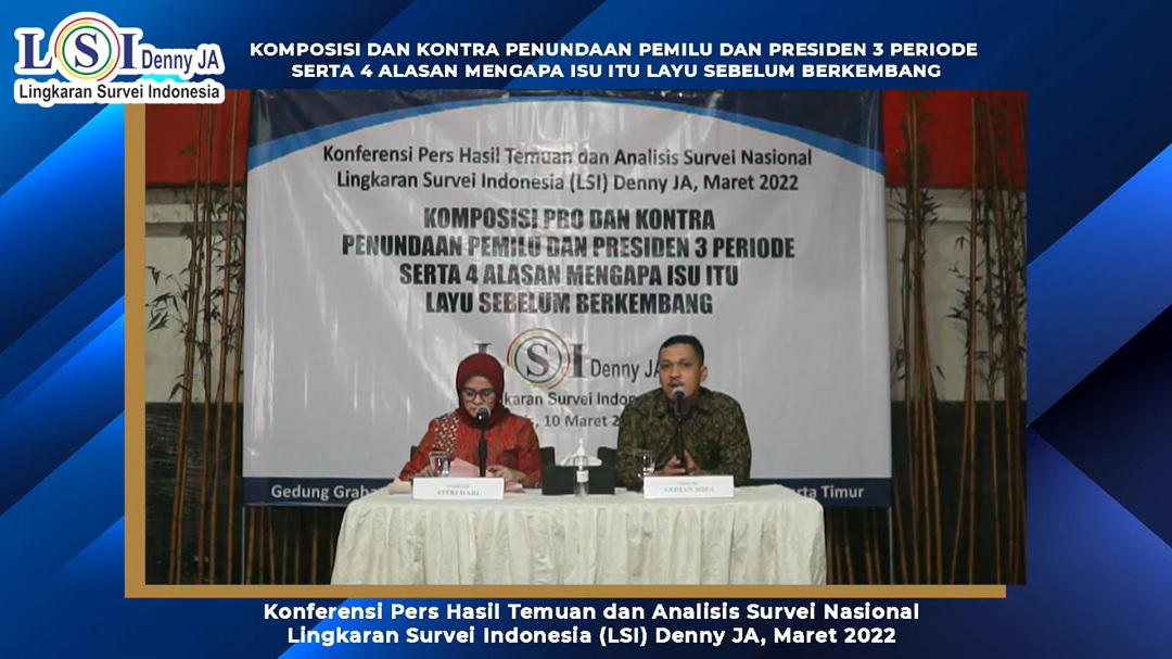 Lingkar Survei Indonesia (LSI) Denny JA merilis hasil survei terbarunya terkait wacana penundaan Pemilu 2024. (Foto: Tangkap Layar kanal YouTube LSI Denny JA)