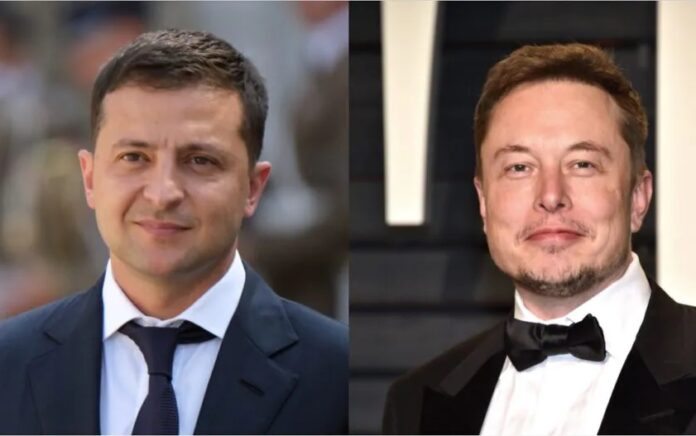 Presiden Ukraina Volodymyr Zelensky dan Elon Musk. Foto: The Warp.