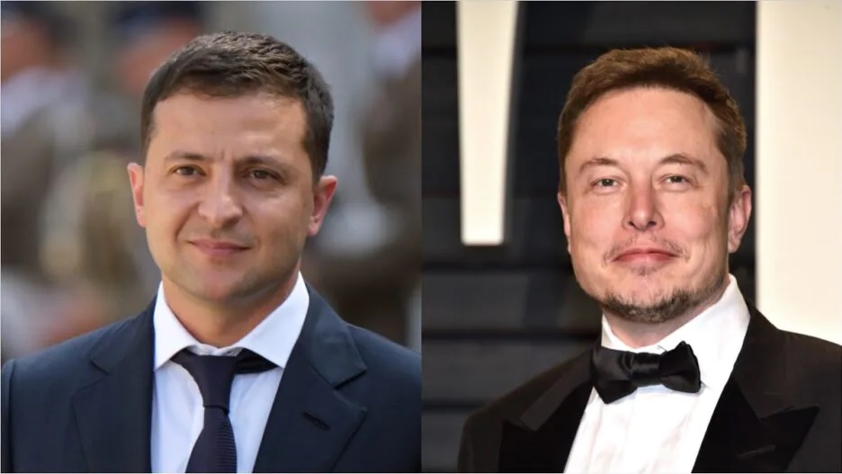 Presiden Ukraina Volodymyr Zelensky dan Elon Musk. Foto: The Warp.