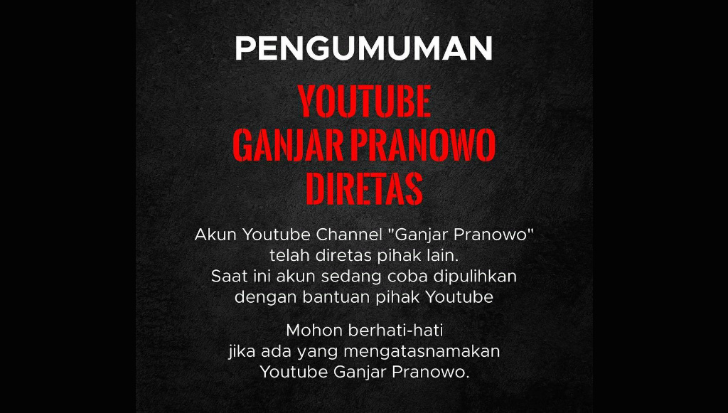 Akun Channel YouTube Ganjar Pranowo Diretas