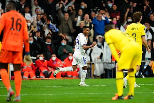 Selebrasi Rodrygo usai mencetak gol di laga Real Madrid vs Chelsea, Liga Champions 2021/2022 (AP Photo)