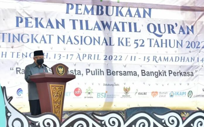 Wakil Presiden (Wapres) KH Ma’ruf Amin buka Pekan Tilawatil Qur’an (PTQ) Radio Republik Indonesia (RRI) Tingkat Nasional di Takengon, Kabupaten Aceh Tengah, Rabu (13/4). (Foto: Instagram @wapresri.go.id)