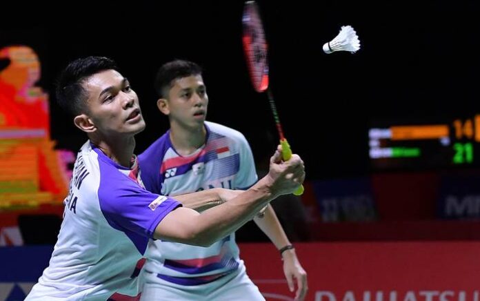 Fajar/Rian saat berlaga di Swiss Open 2022 (AP Photo)