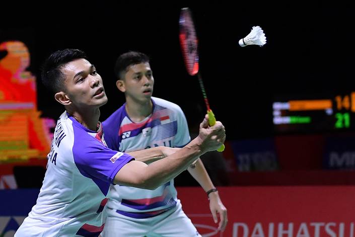 Fajar/Rian saat berlaga di Swiss Open 2022 (AP Photo)