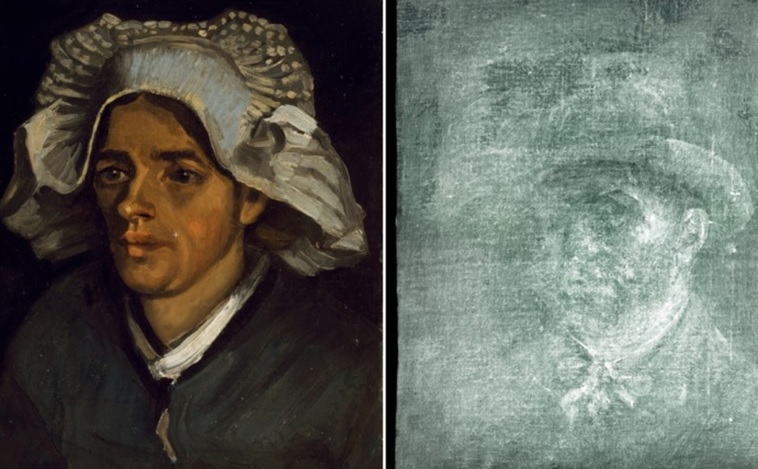 Di sebelah kiri, 'Peasant's Head' oleh Van Gogh. Di sebelah kanan, potret diri seniman yang tidak dipublikasikan, yang ada di belakang lukisan dan yang melihat cahaya berkat sinar-X. Foto: Neil Hanna/Galeri Nasional Scotland.