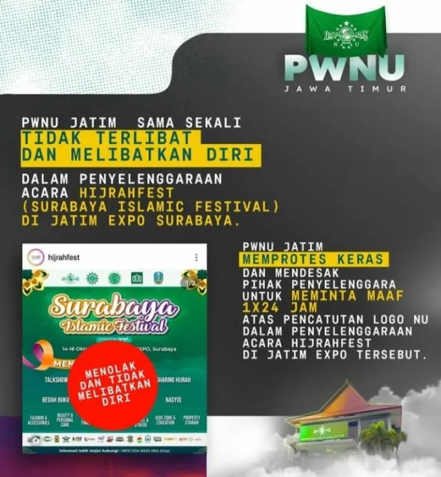 Catut Logo NU, PWNU dan MUI Jatim Tolak Hijrahfest Surabaya Islamic Festival