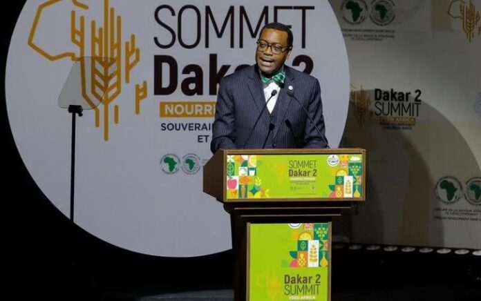 Akinwumi Adesina, presiden Bank Pembangunan Afrika, berbicara pada KTT Dakar dengan tema "Feed Africa", yang diselenggarakan oleh Bank Pembangunan Afrika dan Komisi Uni Afrika di Dakar, Senegal 25 Januari 2023. Foto: Reuters/Ngouda Dione.
