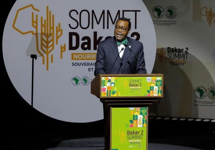 Akinwumi Adesina, presiden Bank Pembangunan Afrika, berbicara pada KTT Dakar dengan tema "Feed Africa", yang diselenggarakan oleh Bank Pembangunan Afrika dan Komisi Uni Afrika di Dakar, Senegal 25 Januari 2023. Foto: Reuters/Ngouda Dione.