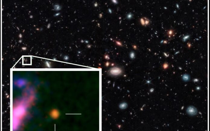 Susunan teleskop radio ALMA telah menunjukkan usia kosmik yang tepat dari galaksi jauh yang diidentifikasi JWST, GHZ2/GLASS-z12, pada 367 juta tahun setelah Big Bang. Foto: NASA / ESA / CSA / T. Treu, UCLA / NAOJ / T. Bakx, Nagoya U.