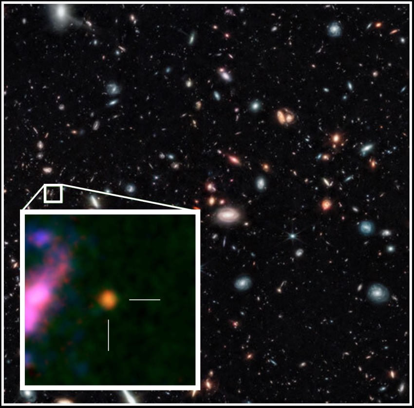 Susunan teleskop radio ALMA telah menunjukkan usia kosmik yang tepat dari galaksi jauh yang diidentifikasi JWST, GHZ2/GLASS-z12, pada 367 juta tahun setelah Big Bang. Foto: NASA / ESA / CSA / T. Treu, UCLA / NAOJ / T. Bakx, Nagoya U.
