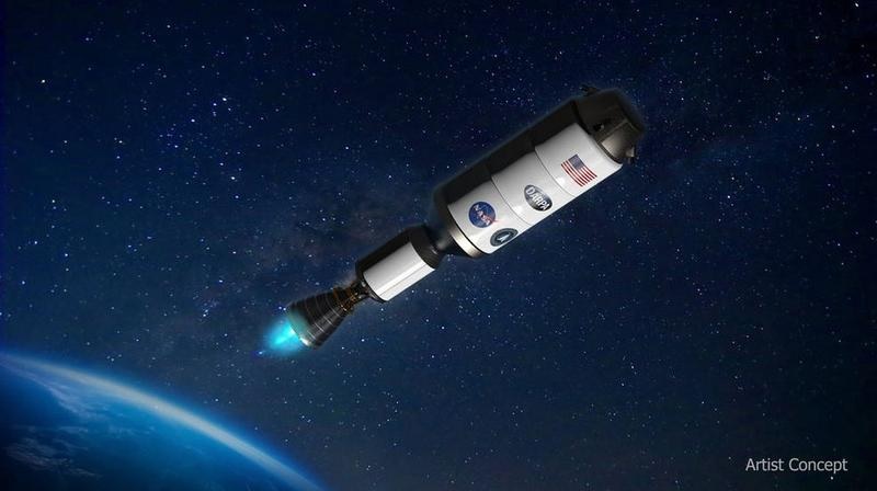 Konsep seniman untuk pesawat luar angkasa Demonstration Rocket for Agile Cislunar Operations, yang akan mendemonstrasikan mesin roket termal nuklir. (Sumber: Defense Advanced Research Projects Agency AS)