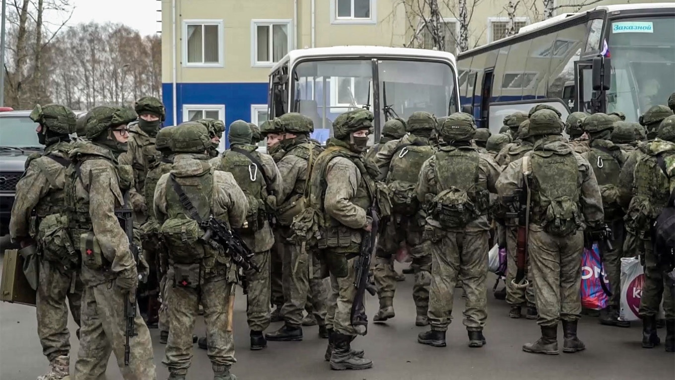 Mobilized Russian reservists at an assembly station.Russian Defence Ministry / TASS