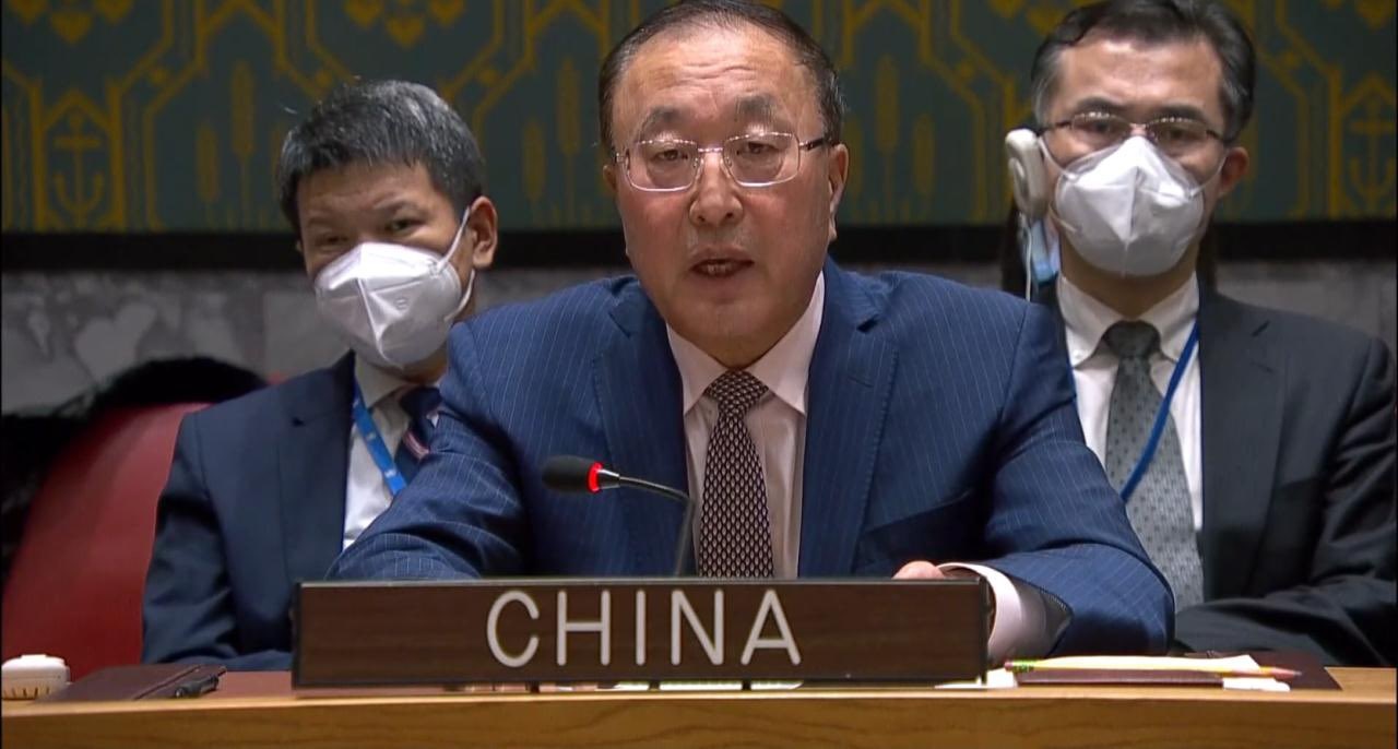 Zhang Jun, perwakilan tetap China untuk PBB saat bicara di hadapan Dewan Keamanan PBB pada 6 Januari 2023. Foto: Twitter Zhang Jun.