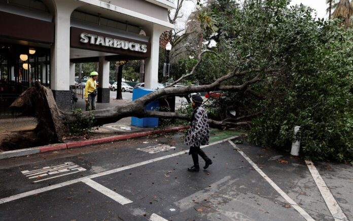 Pejalan kaki berjalan di sekitar pohon yang tumbang saat badai di pusat kota Sacramento, California, AS 4 Januari 2023. Foto: Reuters/Fred Greaves.