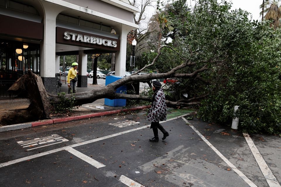 Pejalan kaki berjalan di sekitar pohon yang tumbang saat badai di pusat kota Sacramento, California, AS 4 Januari 2023. Foto: Reuters/Fred Greaves.