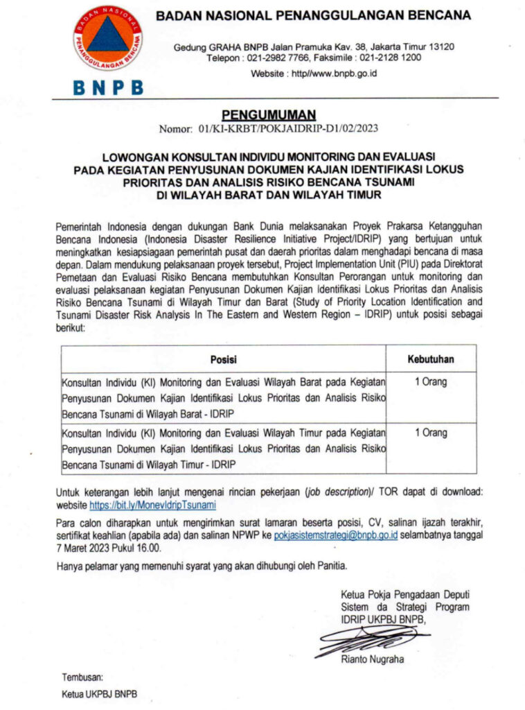 BNPB Buka Lowongan Kerja Konsultan Individu Monitoring dan Evaluasi IDRIP, Berikut Syarat dan Ketentuannya!