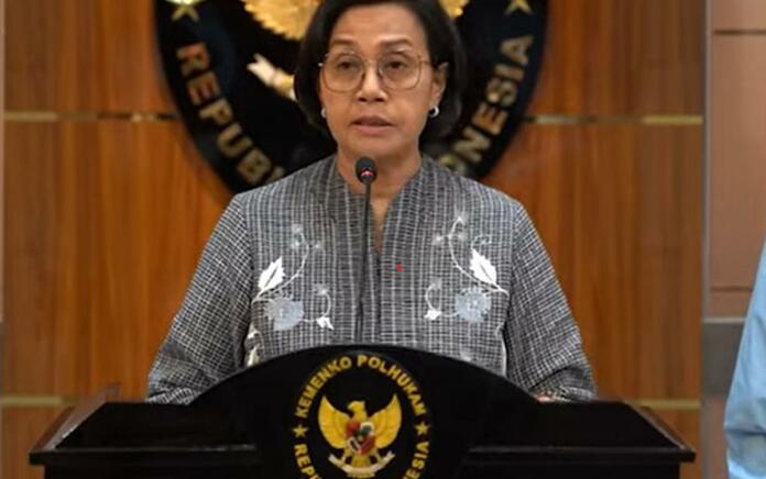 Sri Mulyani dalam konferensi pers di Kemenko Polhukam, Senin (21/3/2023)