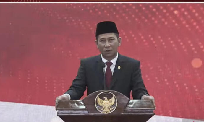 Ketua KY, Mukti Fajar Nur Dewata saat Laporan Tahunan Komisi Yudisial Tahun 2022 di Auditorium Lantai 4 Gedung Komisi Yudisial, Jakarta, Senin (13/3/2023).