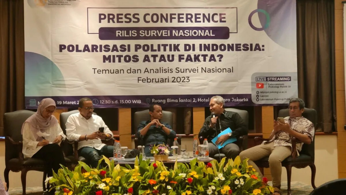 aboratorium Psikologi Politik Universitas Indonesia (UI) merilis hasil survei nasional bertajuk "Polarisasi politik di Indonesia : Mitos atau Fakta?" pada Minggu (19/3/2023).