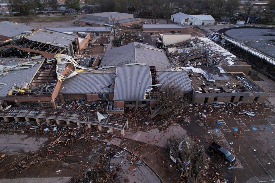 Pemandangan kerusakan akibat tornado di Wynne, Arkansas, AS, 1 April 2023. Foto: Reuters/Cheney Orr.