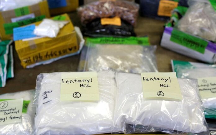 Kantong plastik Fentanil dipajang di atas meja di area Bea Cukai dan Perlindungan Perbatasan AS di Fasilitas Surat Internasional di Bandara Internasional O'Hare di Chicago, Illinois, AS, 29 November 2017. Foto: Reuters/Joshua Lott/File Foto.