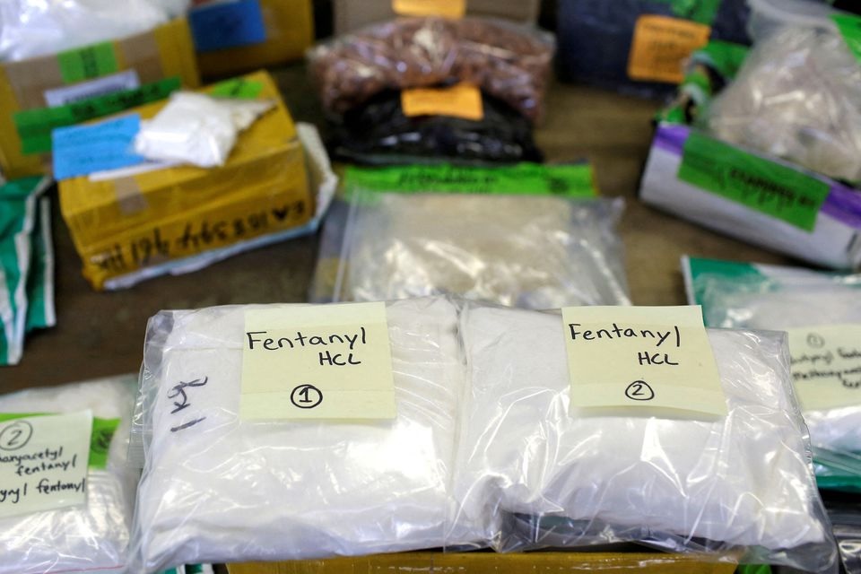 Kantong plastik Fentanil dipajang di atas meja di area Bea Cukai dan Perlindungan Perbatasan AS di Fasilitas Surat Internasional di Bandara Internasional O'Hare di Chicago, Illinois, AS, 29 November 2017. Foto: Reuters/Joshua Lott/File Foto.