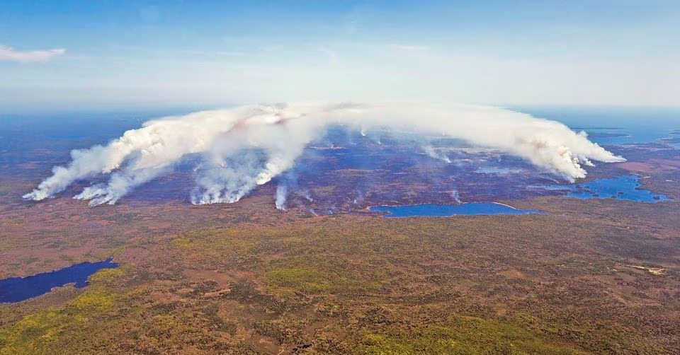 Pemandangan udara kebakaran hutan di Shelburne County, Nova Scotia, Kanada dalam gambar selebaran media sosial yang dirilis 31 Mei 2023. Foto: Pemerintah Nova Scotia/HO/Reuters.