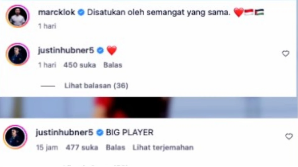 Komentar Justin Hubner di potingan Rafael Struick dan Marc Klok (istimewa)