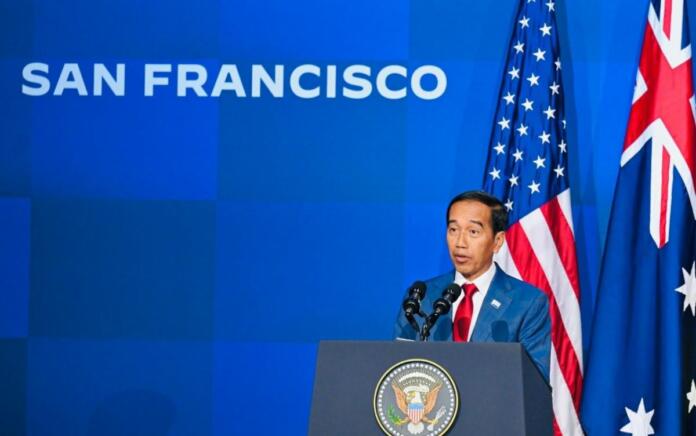 Presiden Jokowi menyampaikan pidato dalam forum Indo-Pacific Economic Framework (IPEF), di San Francisco, Amerika Serikat, Kamis (16/11/2023) waktu setempat. (Foto: Biro Pers Sekretariat Presiden)
