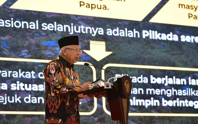 Wakil Presiden Ma’ruf Amin saat meresmikan Pencanangan Pembangunan Sentra Sarana dan Prasarana Pemerintah Provinsi Papua Selatan, di Swiss-Belhotel, Kabupaten Merauke, Papua Selatan, Selasa (04/06/2024). (Foto:Setwapres RI/Ist)