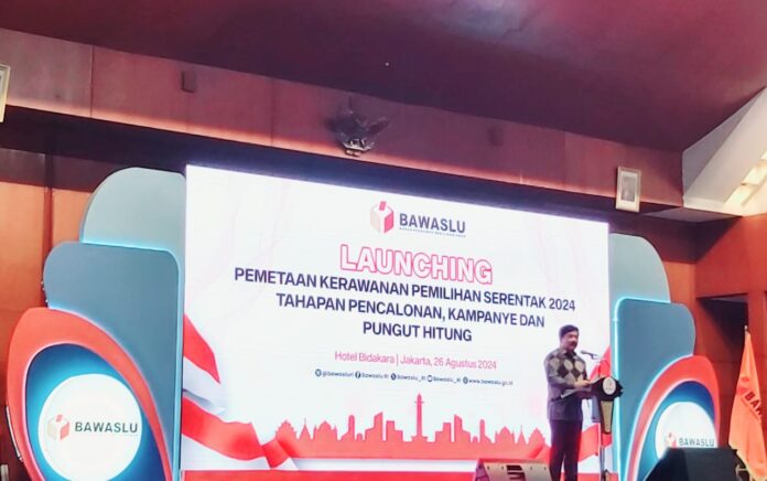 Menko Polhukam saat menyampaikan sambuta pada Launching Pemetaan Kerawanan Pemilihan Serentak 2024 Tahapan Pencalonan, Kampanye, dan Pungut Hitung